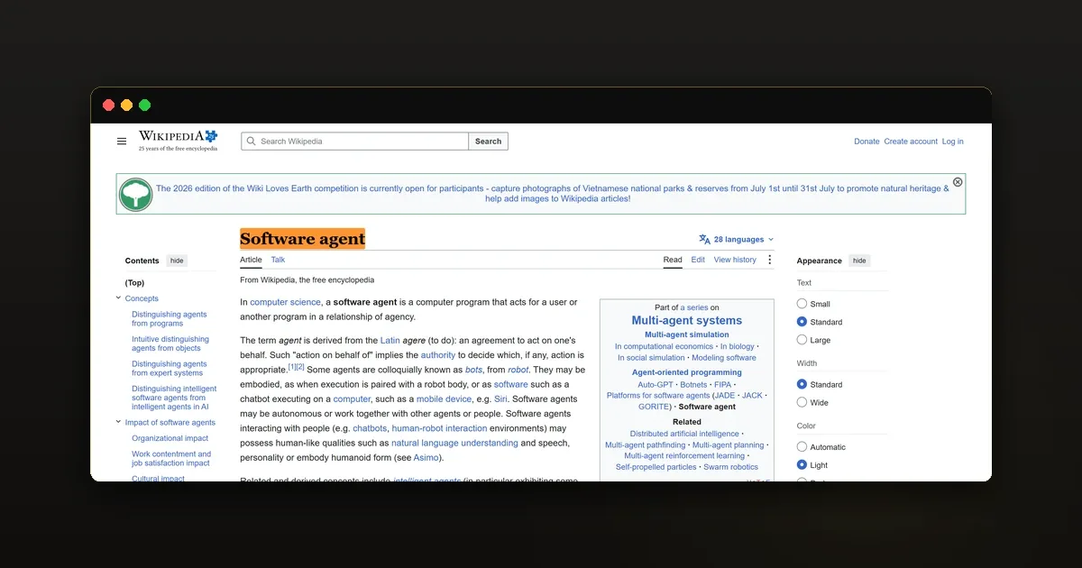 Ảnh bằng chứng về định nghĩa Software Agent trên Wikipedia