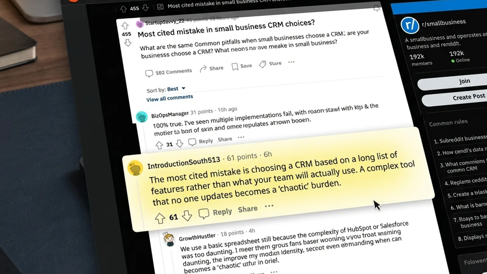 Trích dẫn thảo luận Reddit về cạm bẫy lựa chọn CRM