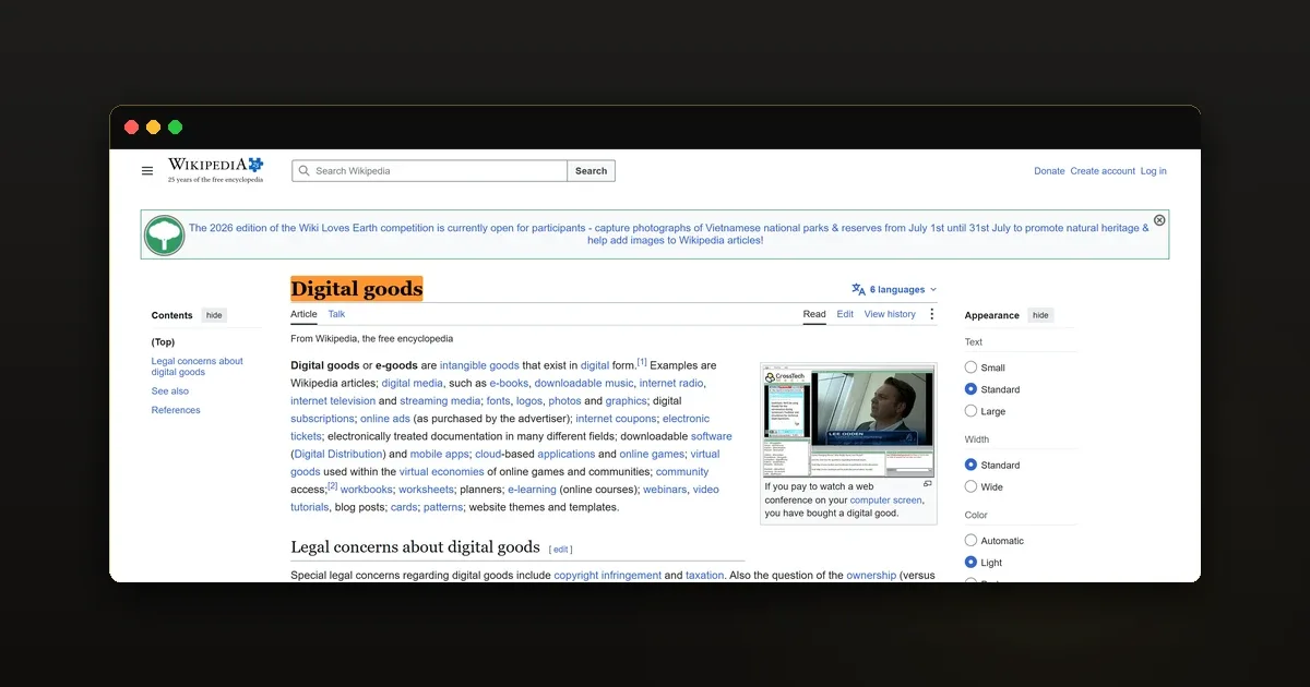 Ảnh bằng chứng về định nghĩa Digital goods trên Wikipedia