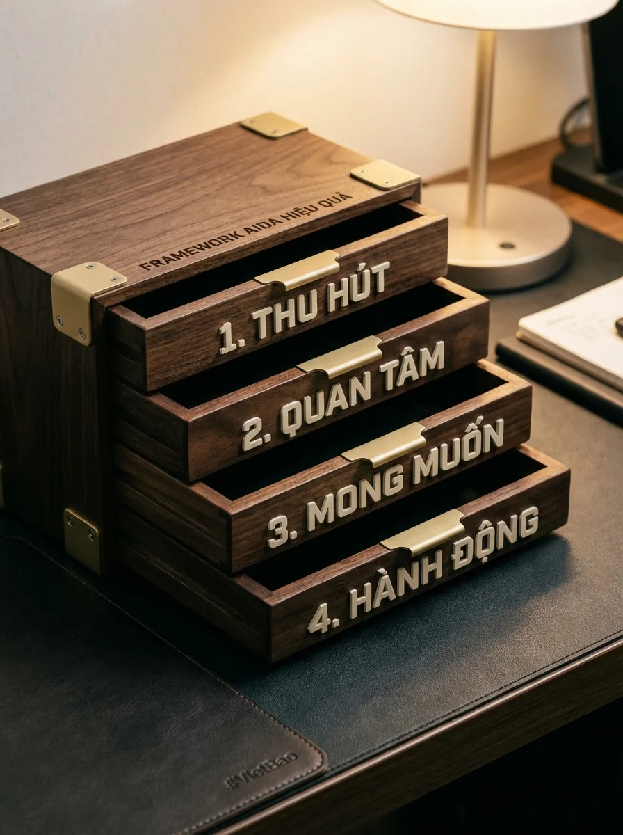 Minh họa: 2. Framework 2: AIDA (Attention — Interest — Desire — Action)