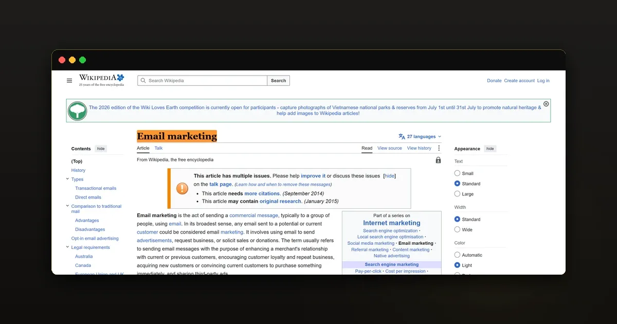 Ảnh bằng chứng về khái niệm Email Marketing trên Wikipedia