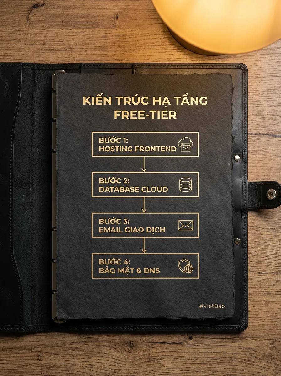 Sơ đồ kiến trúc hạ tầng Free-Tier 4 bước cho Solopreneur