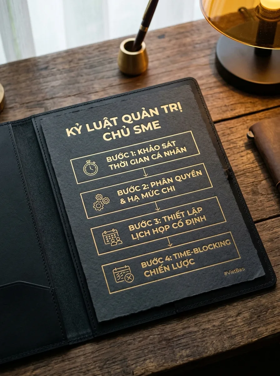Sơ đồ lộ trình 4 bước rèn luyện kỷ luật quản trị cho chủ doanh nghiệp SME