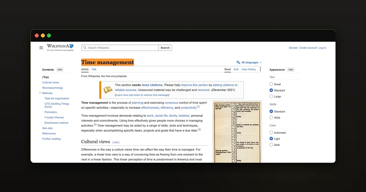 Ảnh bằng chứng về định nghĩa Time management trên Wikipedia
