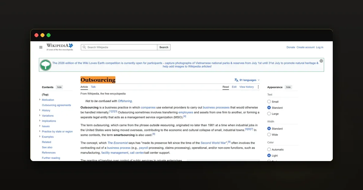 Ảnh bằng chứng nghiên cứu về thuê ngoài outsourcing trên Wikipedia