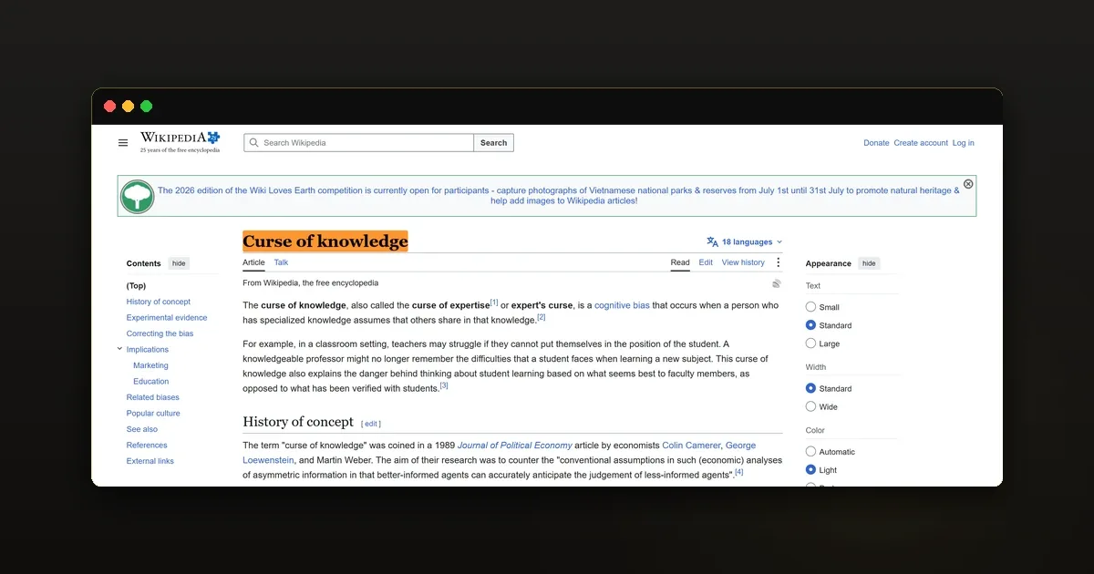 Ảnh bằng chứng về khái niệm Curse of Knowledge trên Wikipedia