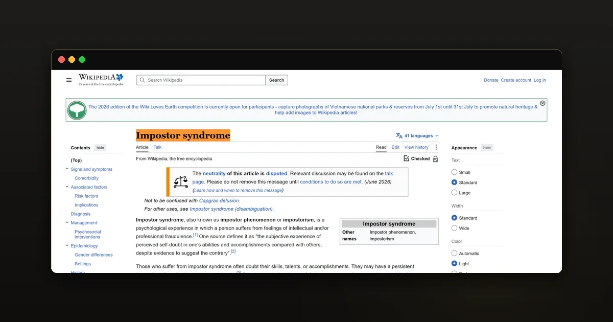 Ảnh bằng chứng về định nghĩa Impostor Syndrome trên Wikipedia